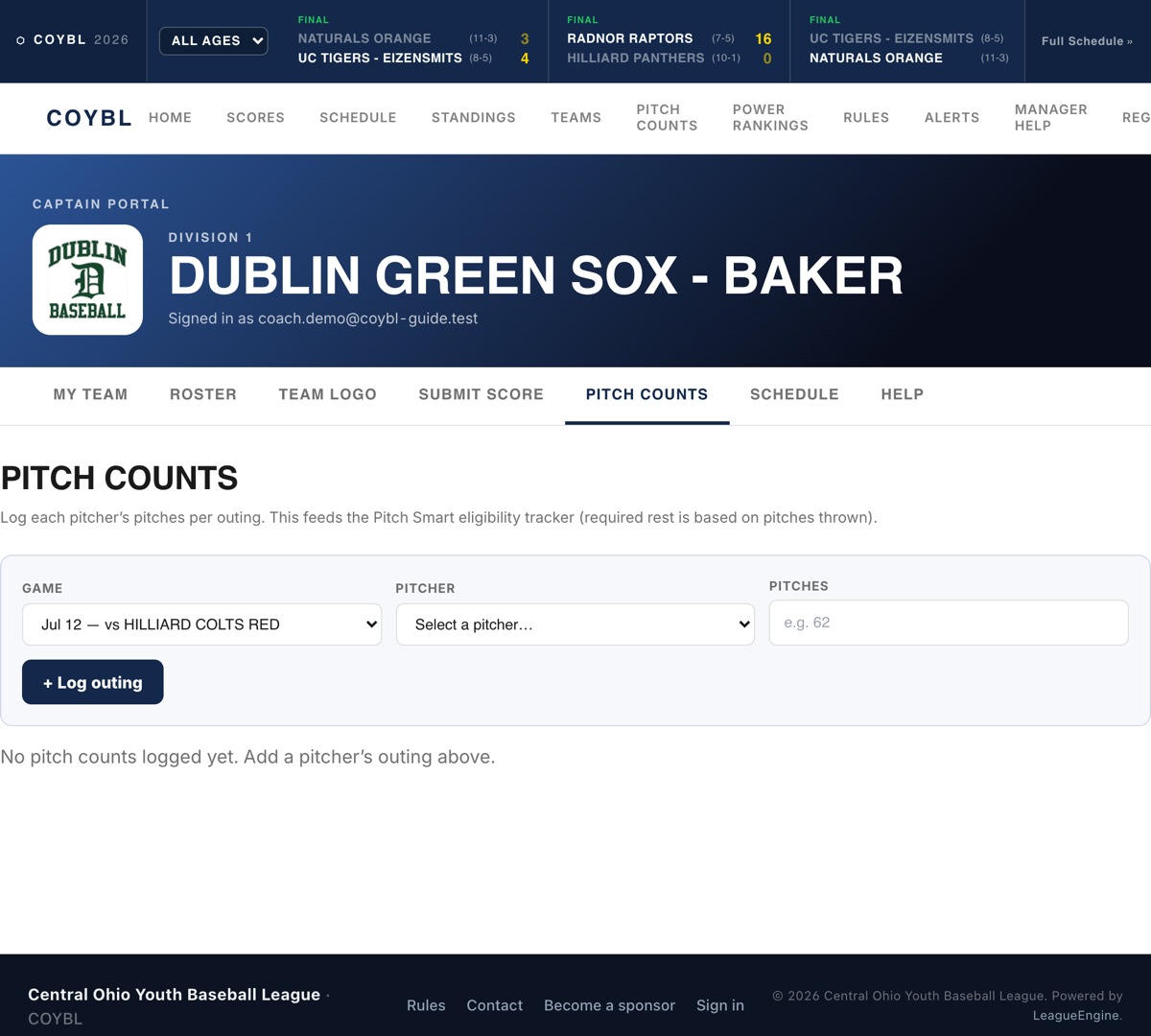 The Pitch Counts entry form