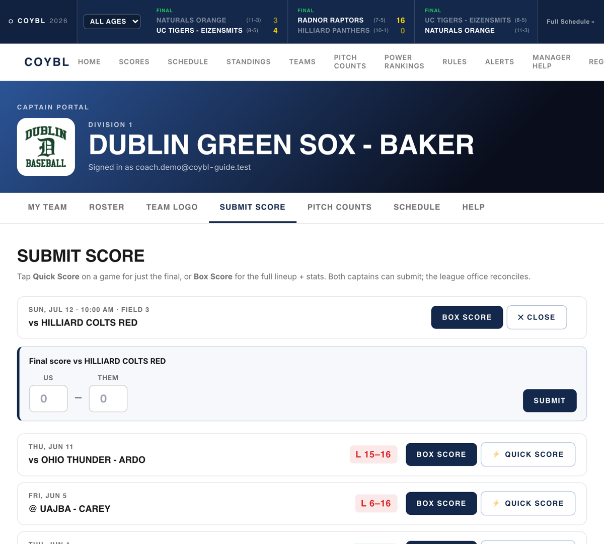 Entering a final score with Quick Score