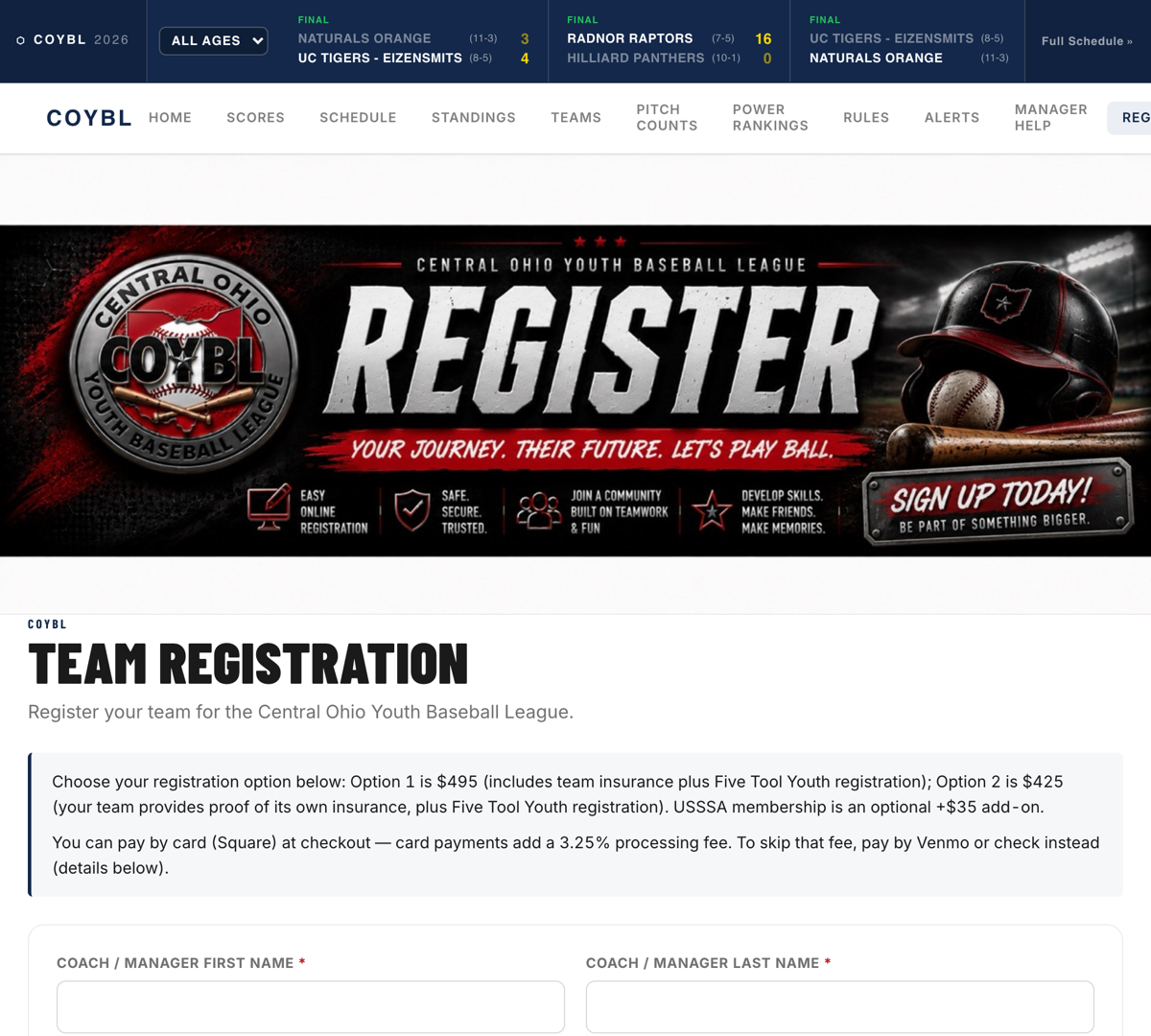 The team registration form